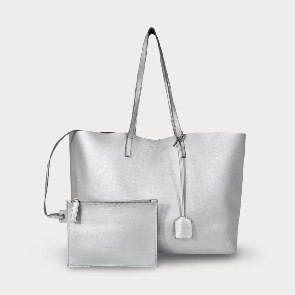 Saint Laurent East West Silver Shopping Tote with Wristlet